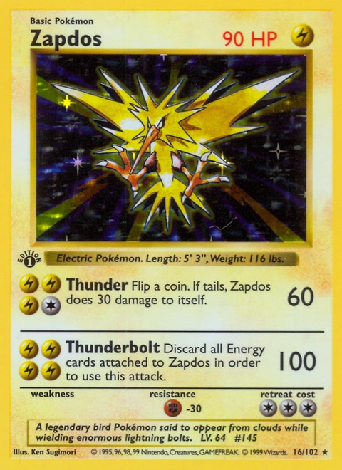 Zapdos Pokémon card from Base, number 16 (1st Edition print)