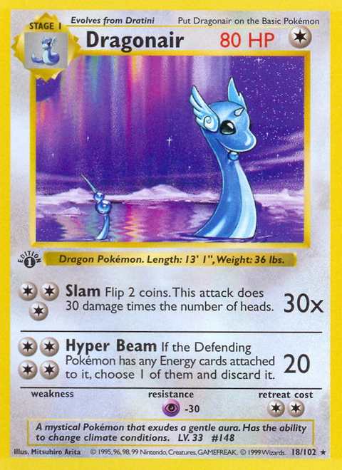 Dragonair Pokémon card from Base, number 18 (1st Edition print)