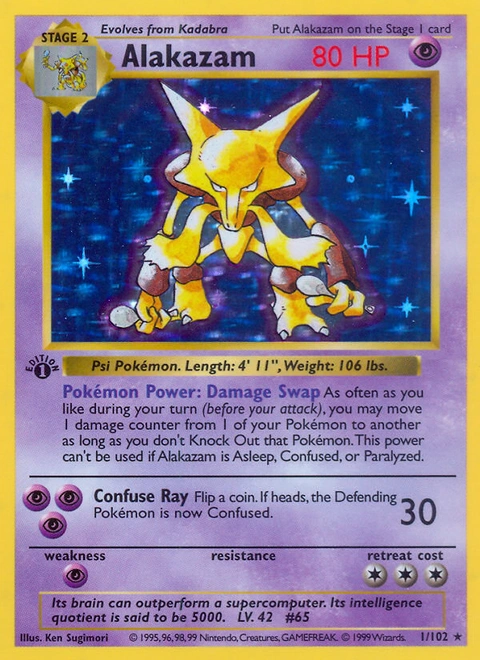 Alakazam Pokémon card from Base, number 1 (1st Edition print)