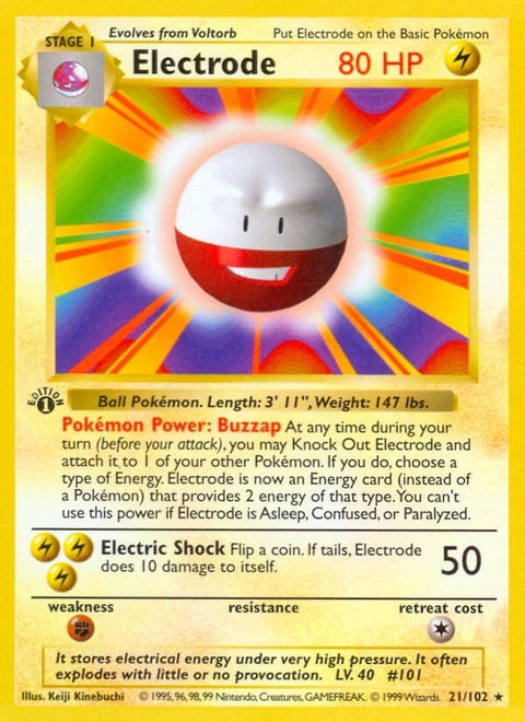 Electrode Pokémon card from Base, number 21 (1st Edition print)