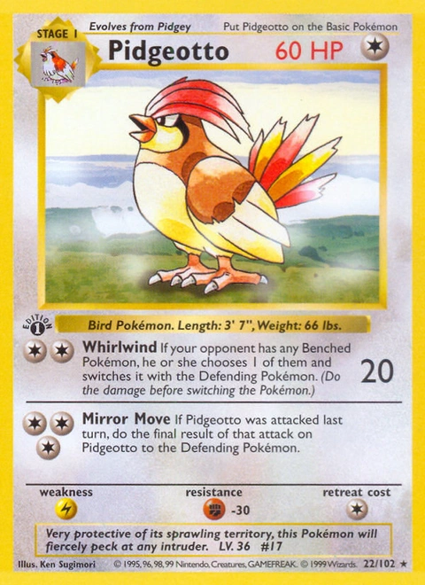 Pidgeotto Pokémon card from Base, number 22 (1st Edition print)