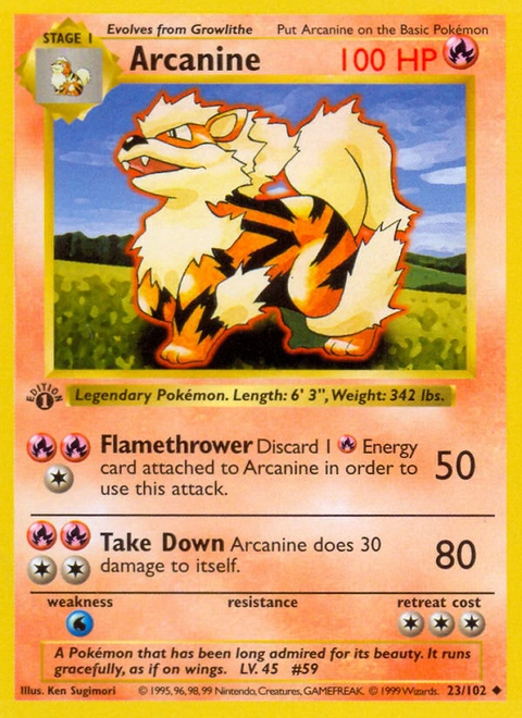 Arcanine Pokémon card from Base, number 23 (1st Edition print)