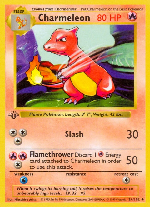 Charmeleon Pokémon card from Base, number 24 (1st Edition print)