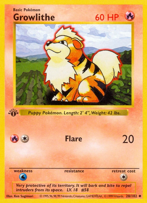 Growlithe Pokémon card from Base, number 28 (1st Edition print)
