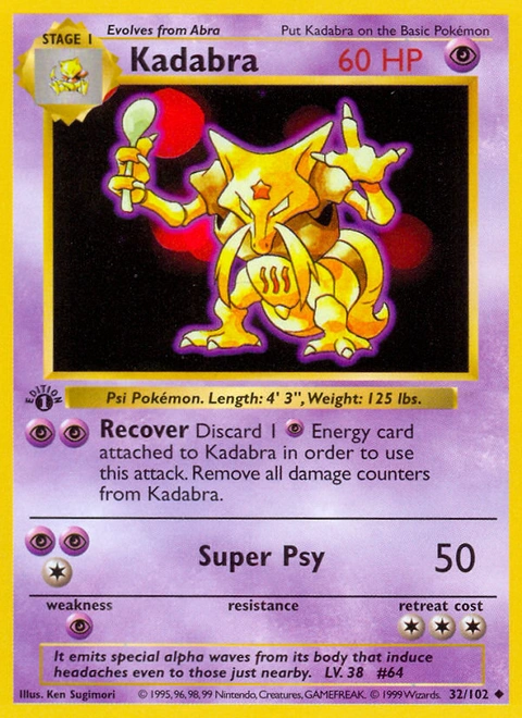 Kadabra Pokémon card from Base, number 32 (1st Edition print)