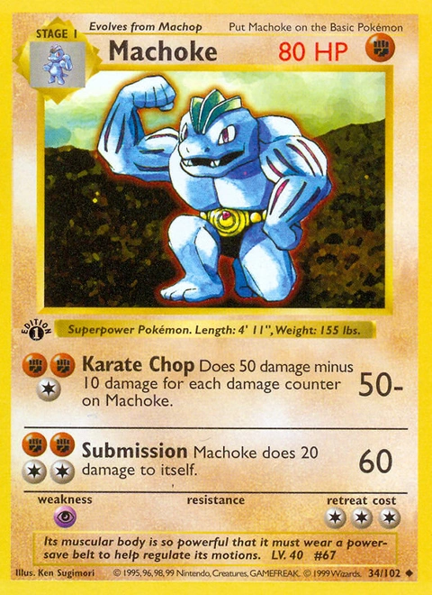 Machoke Pokémon card from Base, number 34 (1st Edition print)