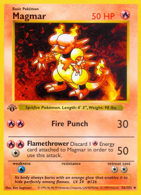Magmar Pokémon card from Base, number 36 (1st Edition print)