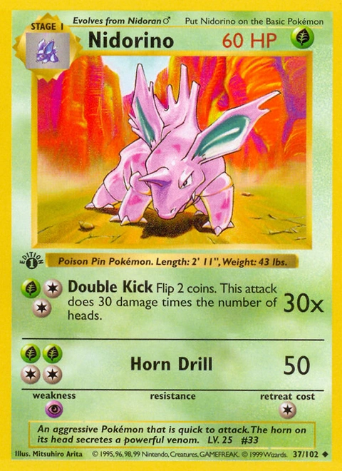 Nidorino Pokémon card from Base, number 37 (1st Edition print)