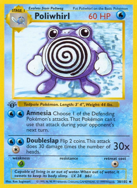 Poliwhirl Pokémon card from Base, number 38 (1st Edition print)