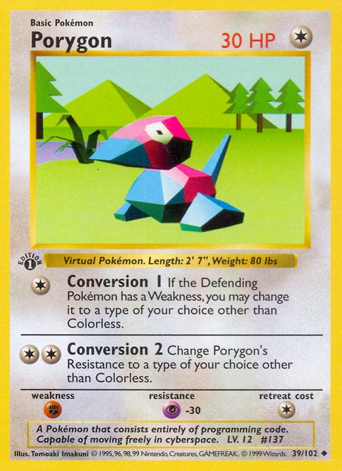 Porygon Pokémon card from Base, number 39 (1st Edition print)