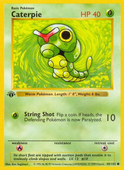 Caterpie Pokémon card from Base, number 45 (1st Edition print)