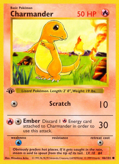 Charmander Pokémon card from Base, number 46 (1st Edition print)
