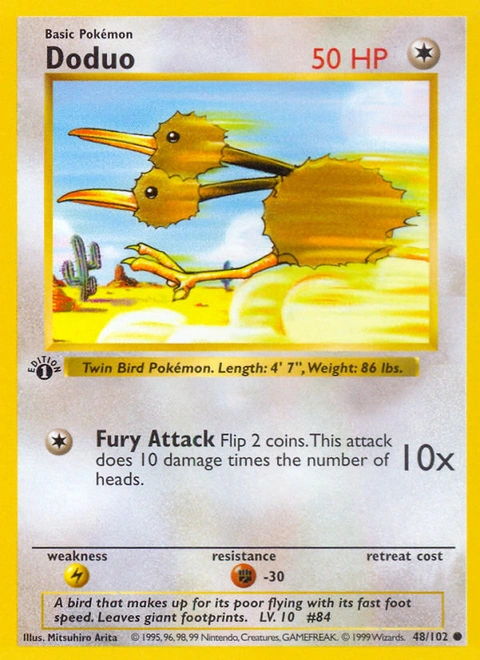 Doduo Pokémon card from Base, number 48 (1st Edition print)