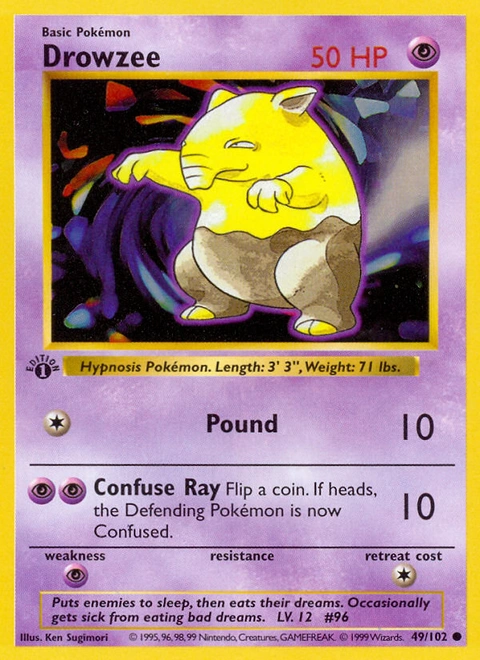Drowzee Pokémon card from Base, number 49 (1st Edition print)
