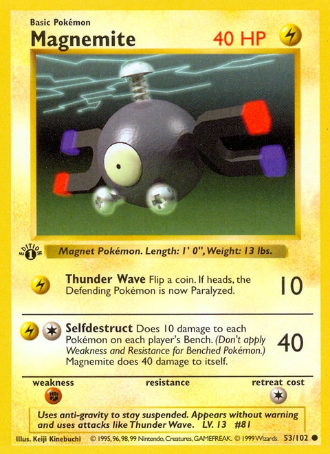 Magnemite Pokémon card from Base, number 53 (1st Edition print)
