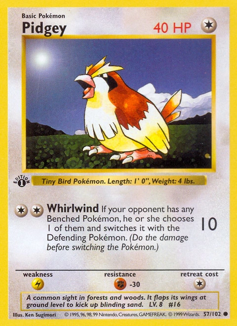 Pidgey Pokémon card from Base, number 57 (1st Edition print)