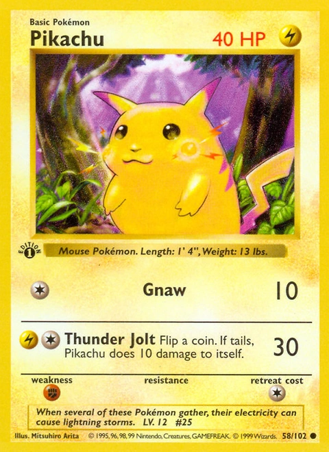 Pikachu Pokémon card from Base, number 58 (1st Edition print)