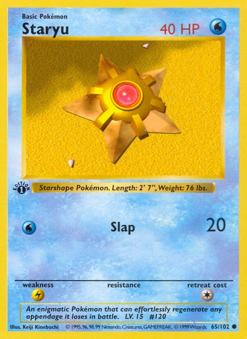 Staryu Pokémon card from Base, number 65 (1st Edition print)
