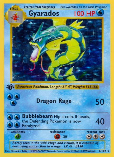Gyarados Pokémon card from Base, number 6 (1st Edition print)
