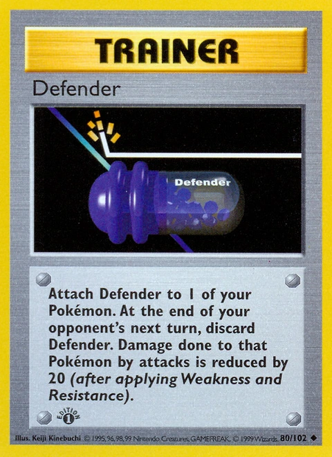 Defender Pokémon card from Base, number 80 (1st Edition print)