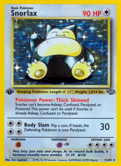 Snorlax Pokémon card from Jungle, number 11 (1st Edition print)