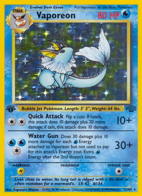 Vaporeon Pokémon card from Jungle, number 12 (1st Edition print)