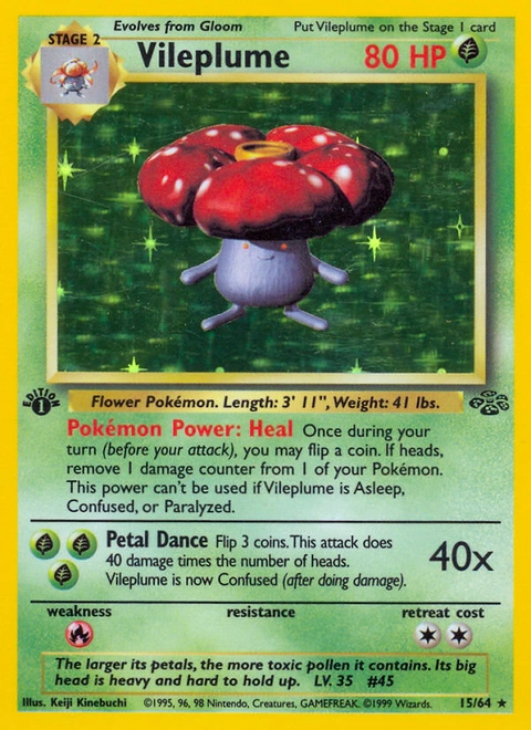 Vileplume Pokémon card from Jungle, number 15 (1st Edition print)