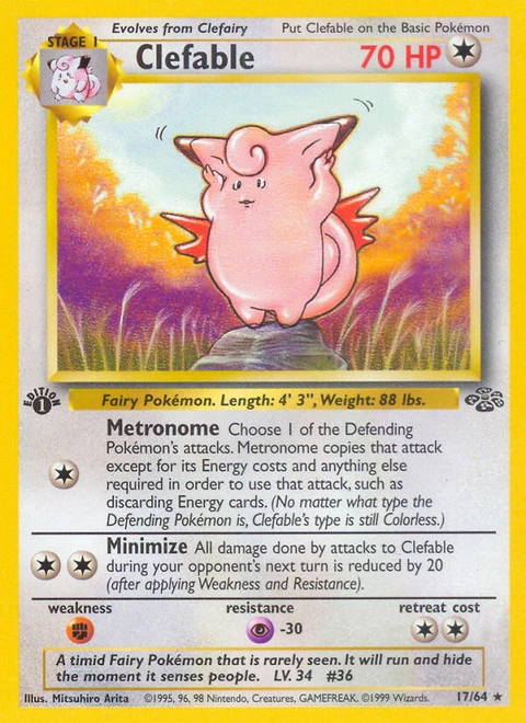 Clefable Pokémon card from Jungle, number 17 (1st Edition print)