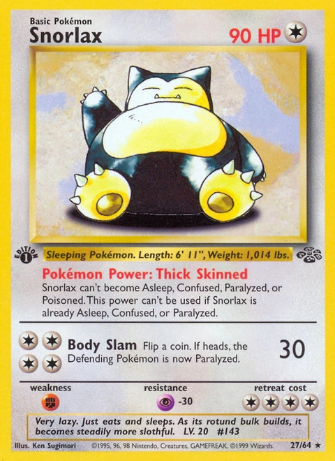 Snorlax Pokémon card from Jungle, number 27 (1st Edition print)