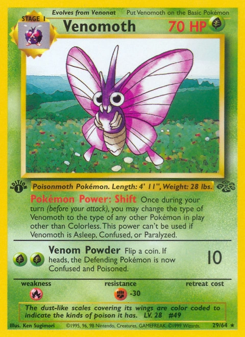 Venomoth Pokémon card from Jungle, number 29 (1st Edition print)