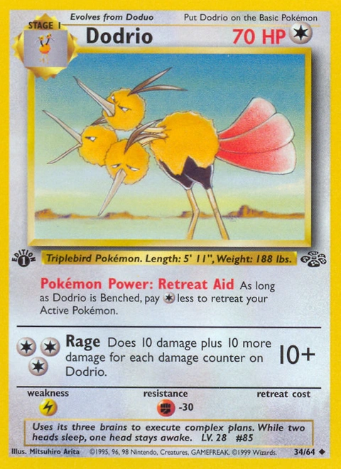 Dodrio Pokémon card from Jungle, number 34 (1st Edition print)