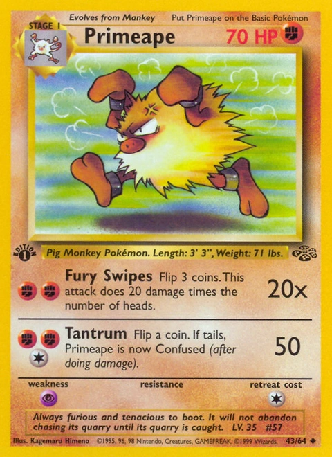 Primeape Pokémon card from Jungle, number 43 (1st Edition print)