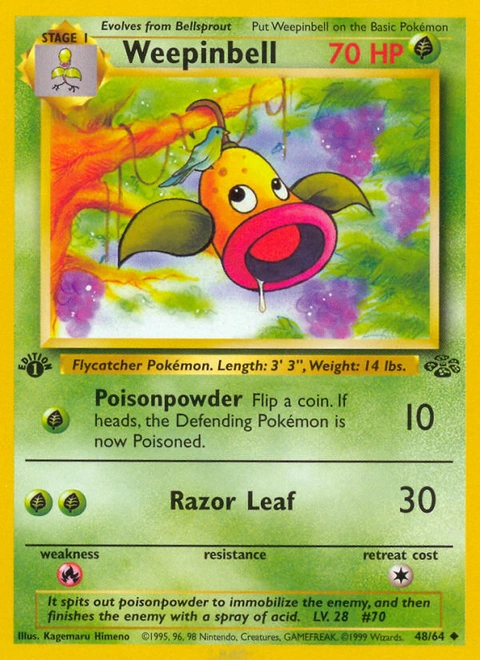 Weepinbell Pokémon card from Jungle, number 48 (1st Edition print)