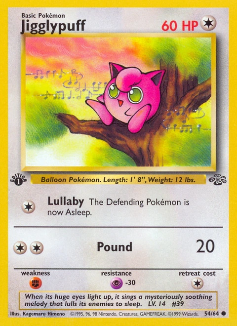 Jigglypuff Pokémon card from Jungle, number 54 (1st Edition print)