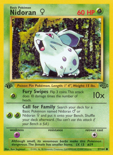 Nidoran ♀ Pokémon card from Jungle, number 57 (1st Edition print)