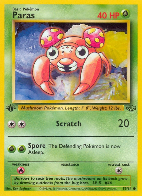 Paras Pokémon card from Jungle, number 59 (1st Edition print)