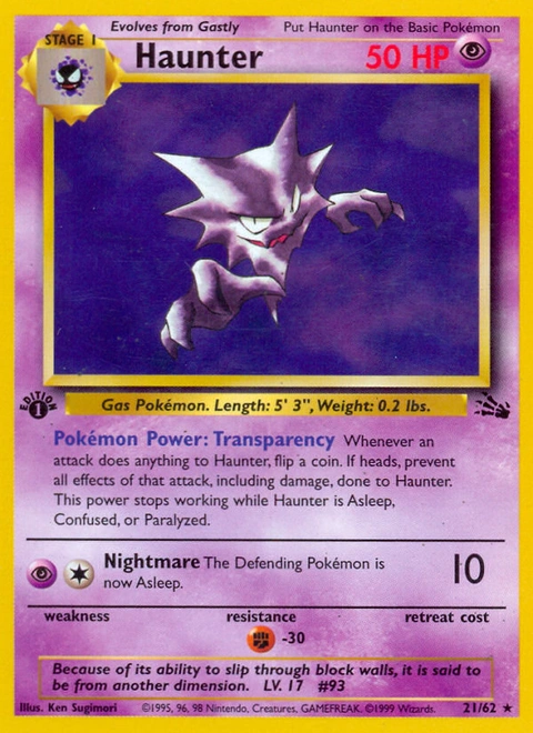 Haunter Pokémon card from Fossil, number 21 (1st Edition print)