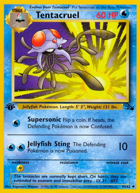 Tentacruel Pokémon card from Fossil, number 44 (1st Edition print)