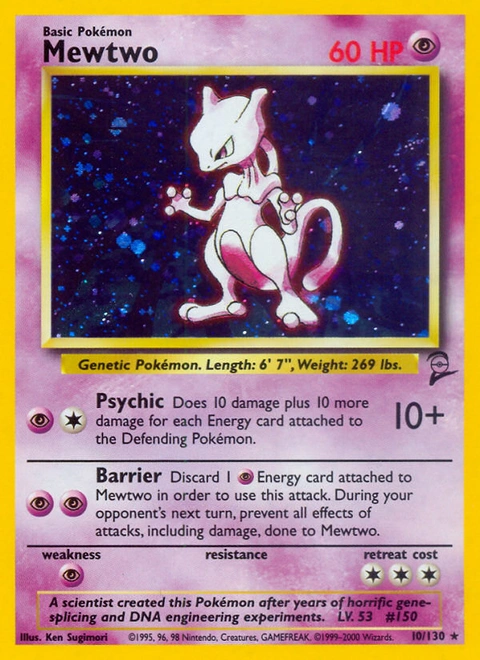 Mewtwo Pokémon card from Base Set 2, number 10 (Unlimited print)