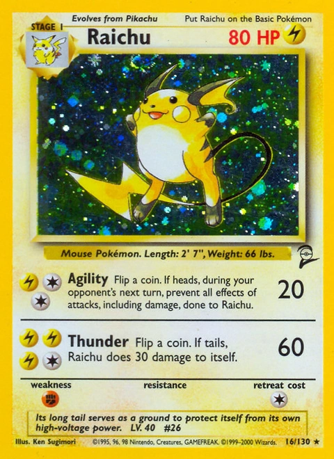 Raichu Pokémon card from Base Set 2, number 16 (Unlimited print)