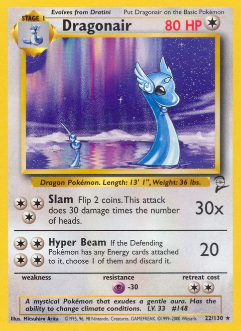 Dragonair Pokémon card from Base Set 2, number 22 (Unlimited print)
