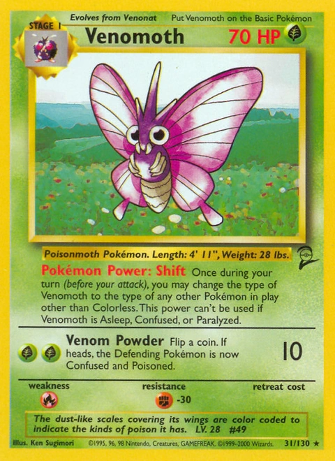 Venomoth Pokémon card from Base Set 2, number 31 (Unlimited print)