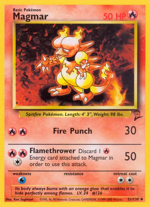 Magmar Pokémon card from Base Set 2, number 51 (Unlimited print)