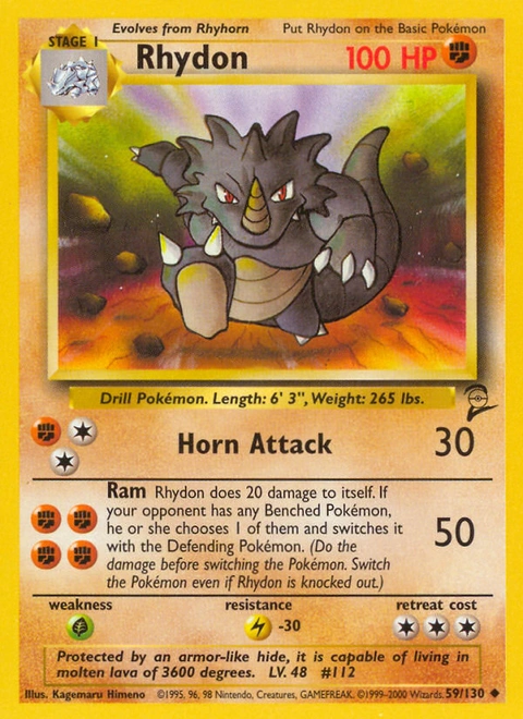 Rhydon Pokémon card from Base Set 2, number 59 (Unlimited print)