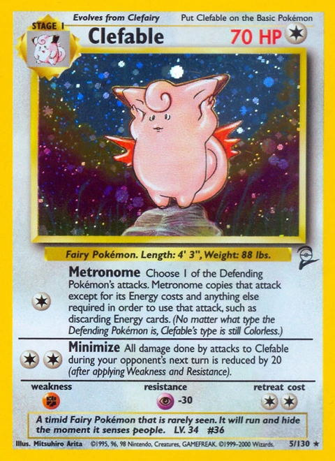 Clefable Pokémon card from Base Set 2, number 5 (Unlimited print)