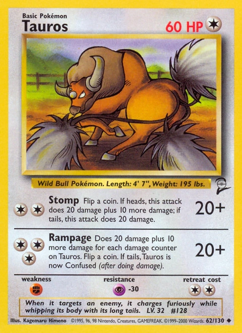 Tauros Pokémon card from Base Set 2, number 62 (Unlimited print)