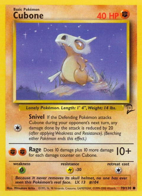 Cubone Pokémon card from Base Set 2, number 70 (Unlimited print)
