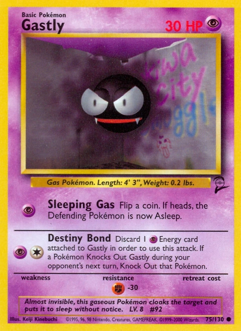 Gastly Pokémon card from Base Set 2, number 75 (Unlimited print)