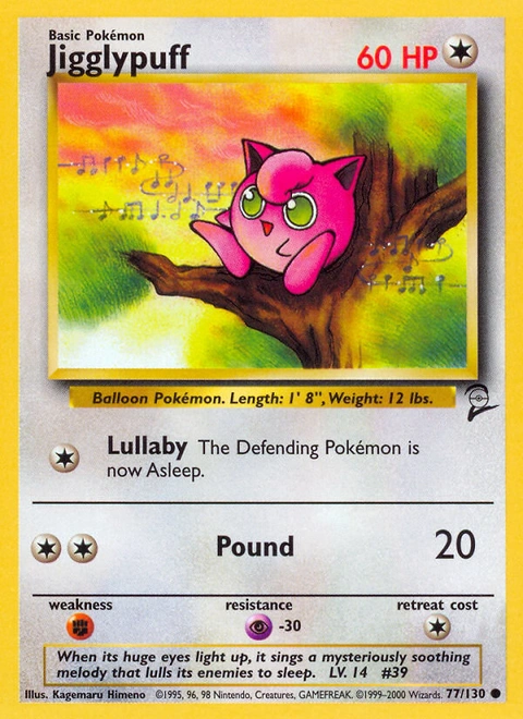 Jigglypuff Pokémon card from Base Set 2, number 77 (Unlimited print)