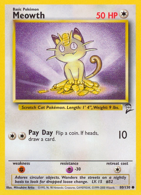 Meowth Pokémon card from Base Set 2, number 80 (Unlimited print)